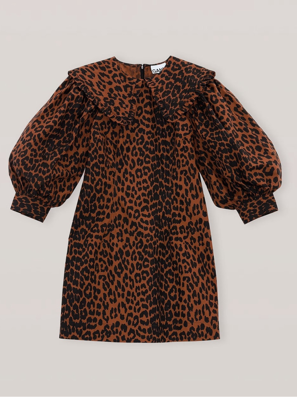 GANNI Leopard Print Mini Dress Brown Organic Cotton Oversized Collar EU 32 US 0 - Picture 1 of 5